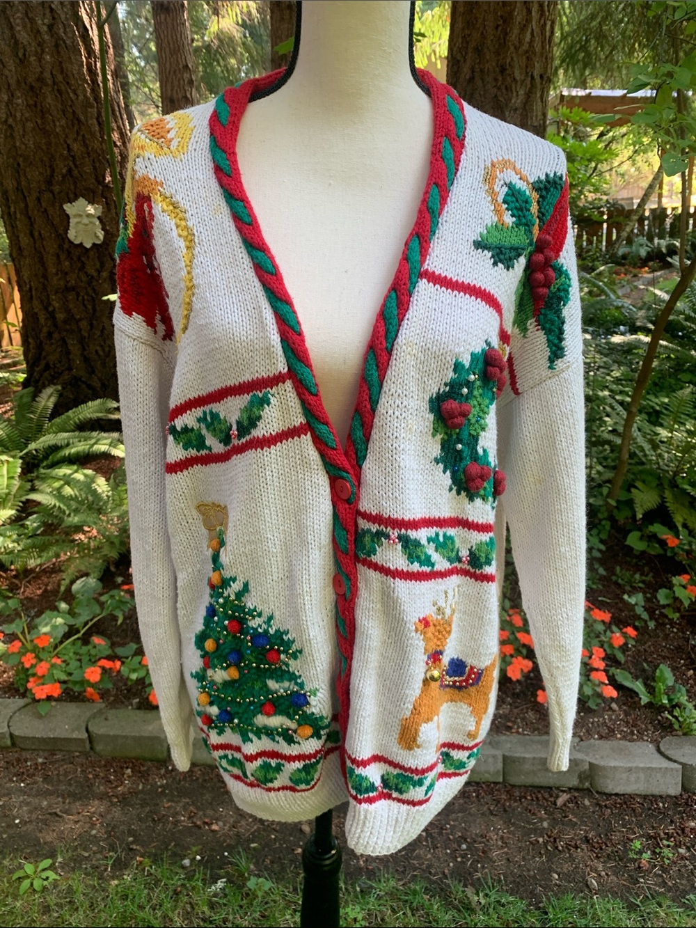 Bechamel White Cardigan Sweater with Red and Green Trim